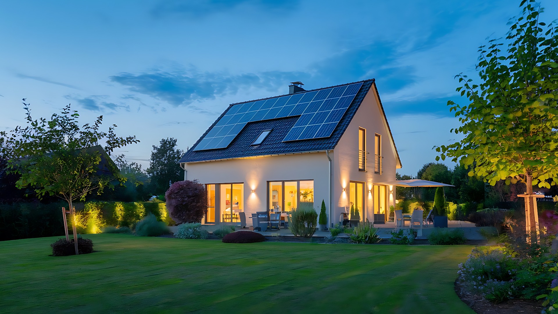 Nachhaltiges Haus mit Solarmodulen, innovatives Haus mit Sternenhimmel-Dach, effiziente Außenbeleuchtung, erneuerbare ökologische Umwelt, moderne saubere Energie