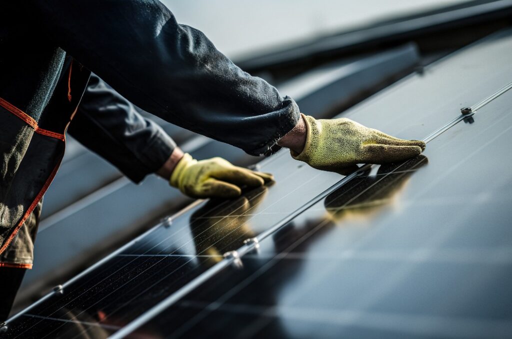 Mitarbeiter eines Unternehmens für die Installation von Solaranlagen auf dem Dach