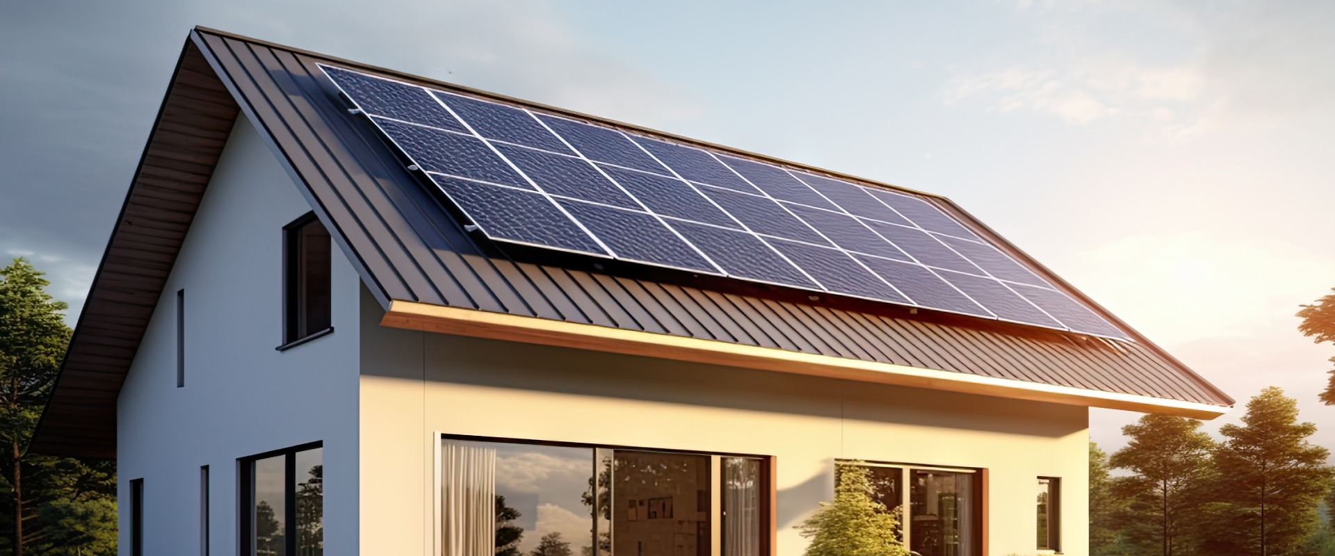 Neues Einfamilienhaus in einem Vorort mit einer Photovoltaikanlage auf dem Dach. Modernes, umweltfreundliches Passivhaus mit angelegtem Garten. Solarmodule auf dem Satteldach